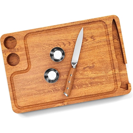 Yukon Glory Premium 100% Acacia Steak Board with Juice Groove, Steak Knife, and Condiment Cups YG-600